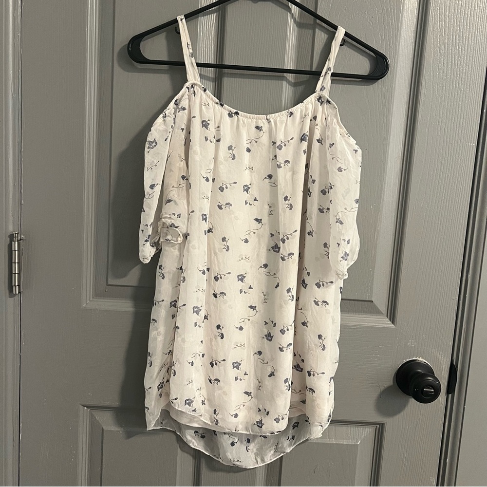 Giusy White and Blue Floral cold shoulder Blouse